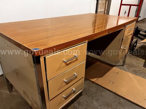 Metal office desk with wood top