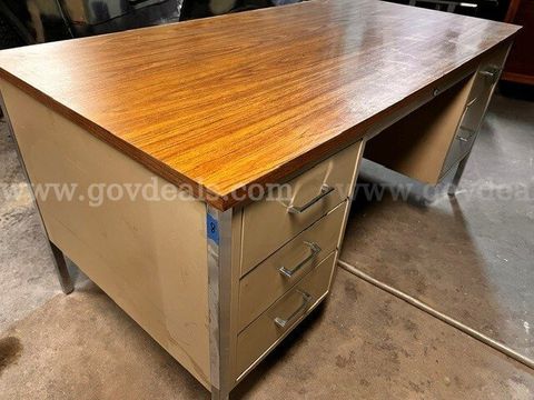 Metal office desk with wood top