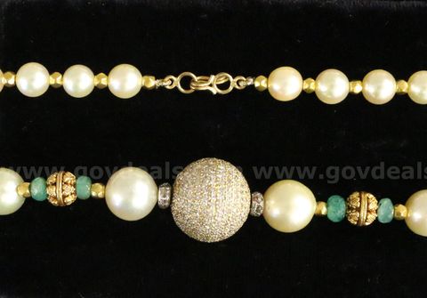Pearl Necklace with 21k/14k Yellow Gold Beads and Diamonds, 38.4 Grams Total