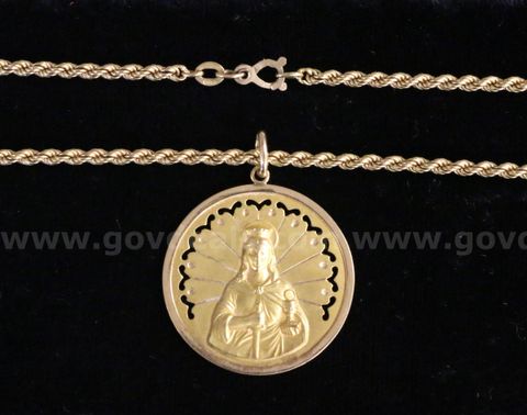 18k Yellow Gold Rope Chain Necklace and Saint Barbara Pendant, 18.8 Grams