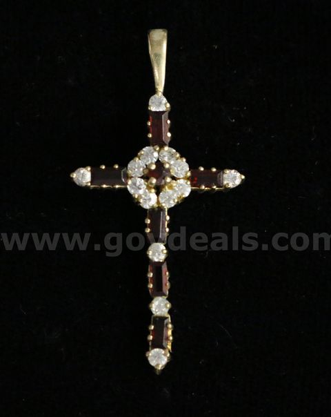 10K Yellow Gold Cross Pendant With Red Garnets & Cubic Zirconia's, 2.3 Grams