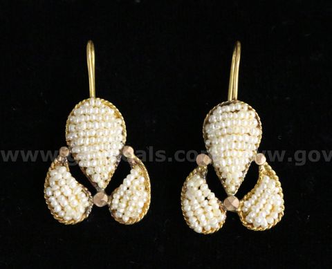 18K Yellow Gold Dangle Design Earrings With Seed Pearls, 6.3 Grams