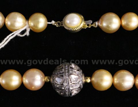 Strand Of Shell Pearls And Diamonds With Yellow Metal Clasp