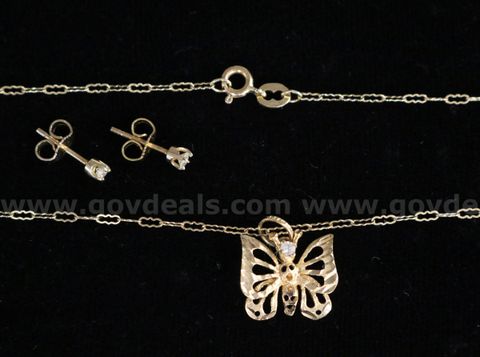 14K Yellow Gold Necklace With Butterfly Pendant & Diamond Stud Earrings, 3.3 TGW