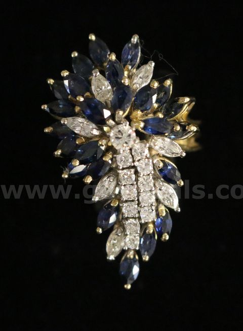 18K Yellow Gold Waterfall Design Ring With Sapphires & Diamonds, 14.9 Grams