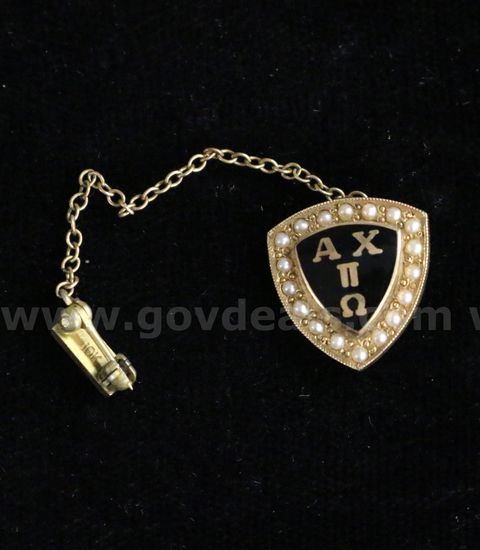 10K Yellow Gold Alpha Chi Pi Omega Pin W/Seed Pearls, 4.2 Grams