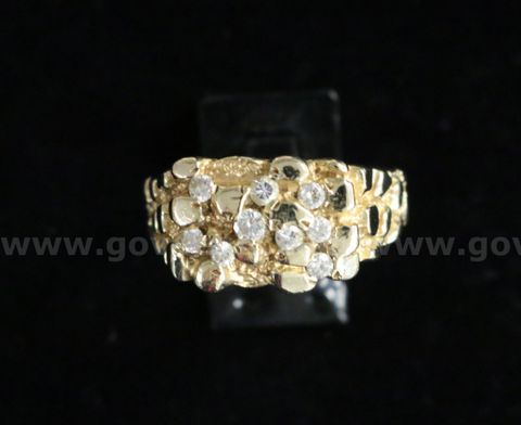 14K Yellow Gold Nugget Ring With Diamonds, 8.9 Grams