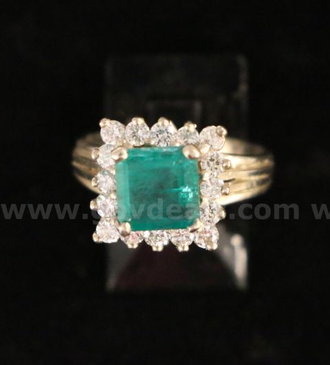 14K Yellow White Gold Diamond Ring With Emerald Cut Emerald Stone, 5.0 Grams