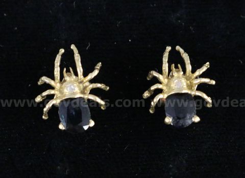 18K Yellow Gold Spider Motif Earrings With Diamond & Sapphire Stones, 2.0 Grams