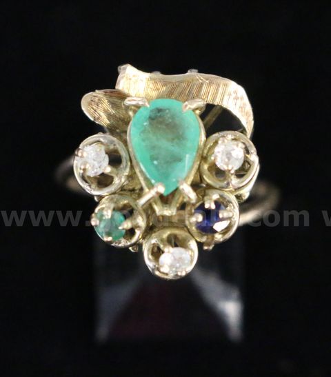 10K Yellow Gold Diamond Ring With Emerald & Sapphire Stones, 4.8 Grams