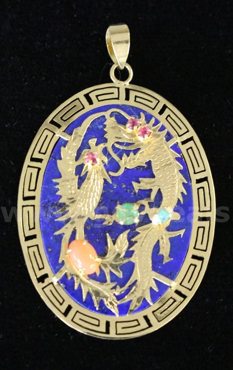 14K Yellow Gold Dragon Design Pendant With Blue Lapis & Colored Stones, 5.6 G