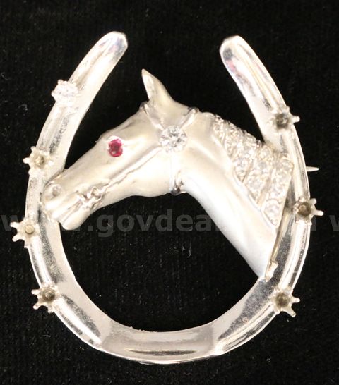 14K White Gold Diamond Horseshoe Motif Brooch, 10.9 Grams