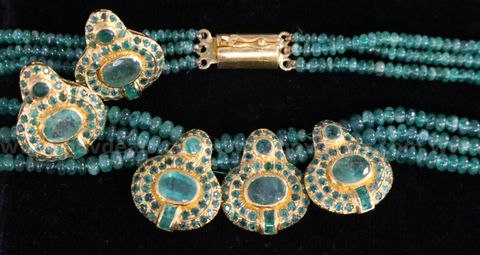 22K Yellow Gold Emerald Triple Strand Necklace & Earrings Jewelry Set, 43.7 Gram