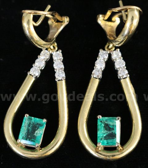 18k Yellow Gold Dangle Hoop Earrings with Emeralds and Diamonds, 9.2 Grams