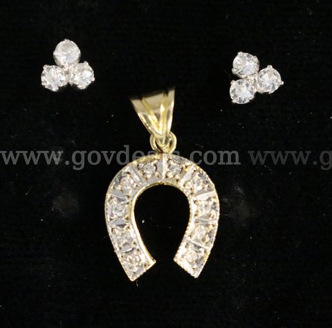 10K Y/G Diamond Horseshoe Pendant & Stud Earrings W/Clear Stones, 1.7 Grams