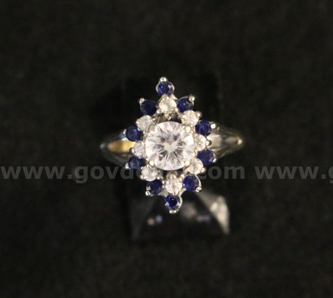 14k White Gold Cluster Ring With White and Blue Stones, 4.4 Grams