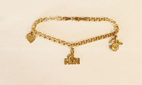 10K Yellow Gold Double Curb Link Bracelet W/3 Charms, 2.8 Grams