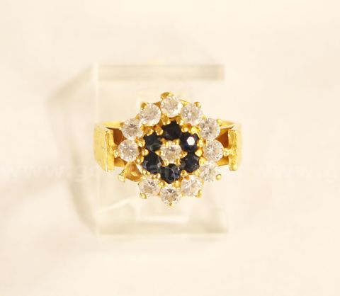 22K Yellow Gold Flower Design Ring With Blue & White Stones, 5.8 Grams