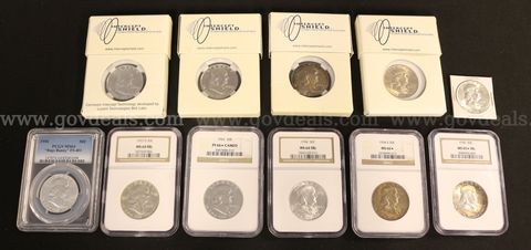 14 Assorted Franklin Half Coins and Proofs, Mostly NGC and PCGS Graded/Slabbed