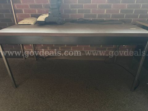 Office table, fair condition, 60"x30" - brown wood-look top, chrome legs