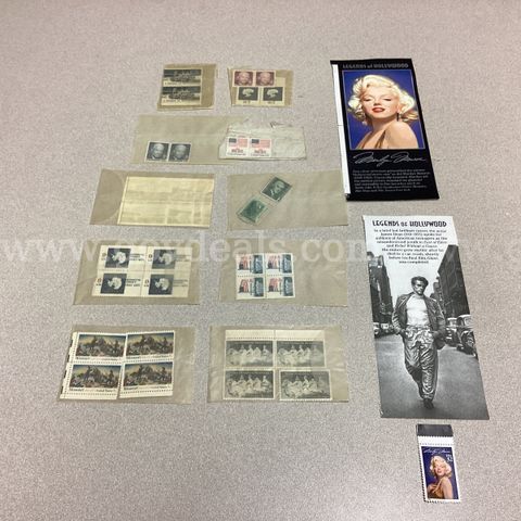 Ten Envelopes of Various US Stamps, (2) Marilyn Monroe Pieces (1) James Dean