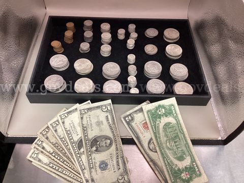 Twelve Collectable Five Dollar Bills and Various Coins