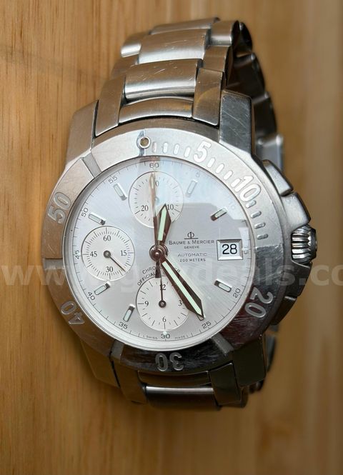 TiDDRs: Baume & Mercier Chronograph Men's Watch. Stainless Steel. One release button on clasp needs replacement.