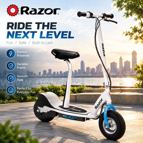 (CA) SHIPPING AVAILABLE E300S Seated Electric Scooter - White, up to 15 mph, for Teen With seat (E300S)