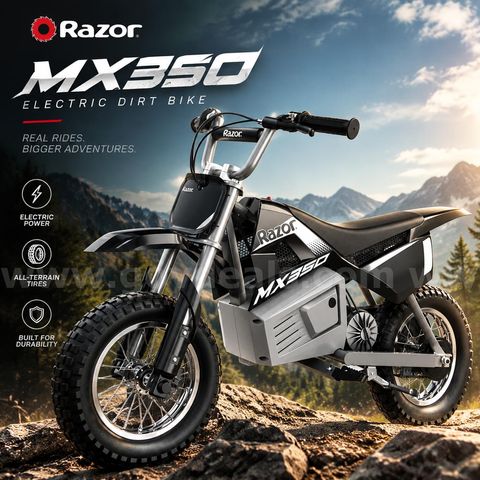 (CA) SHIPPING AVAILABLE Dirt Rocket MX350 - Black with Decals, up to 14 mph, 24V Electric Dirt Bike (MX350)