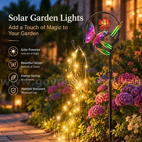 SHIPPING AVAILABLE Lot of 5 Solar Garden Waterfall Lights Decorative Butterfly & Flower Pathway Stakes (B2-02)