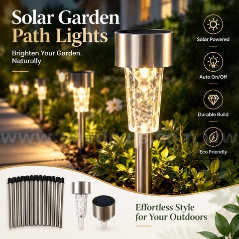 SHIPPING AVAILABLE Lot of 2 Solar Pathway Lights Outdoor Stainless Steel Decorative Landscape Stake Lights (B2-05)