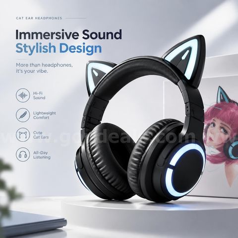 SHIPPING AVAILABLE Cute LED Cat Ear Wireless Headphones Over-Ear Gaming Headset(HT-01)