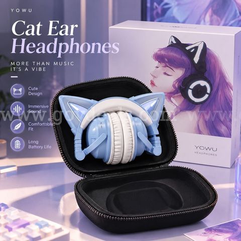 SHIPPING AVAILABLE Cute LED Cat Ear Wireless Headphones Over-Ear Gaming Headset,Blue &white(HT-03)