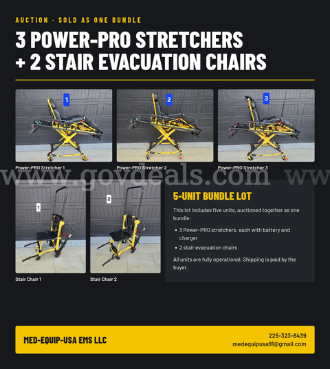 3 Stryker Power Pro XT Stretchers and 2 Stryker Evacuation Stair Chairs