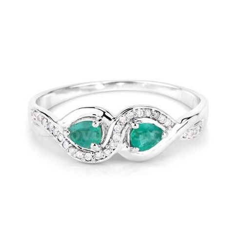 14K White Gold Zambian Emerald Diamond Ring Pear Emeralds