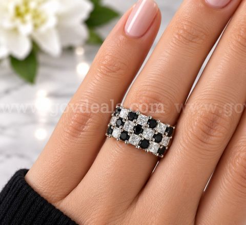 Ladies Designer AAA Quality Black Diamonds and White Topaz Sterling Silver Ring, Outstanding