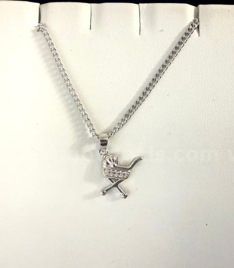 Adorable, Rhodium Clad, CZ Baby Carriage Pendant W/18" Curb Link Necklace