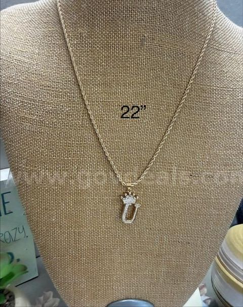 2MM, 22" Rope Necklace W/CZ "U" Initial Pendant, Real 24k Gold Filled