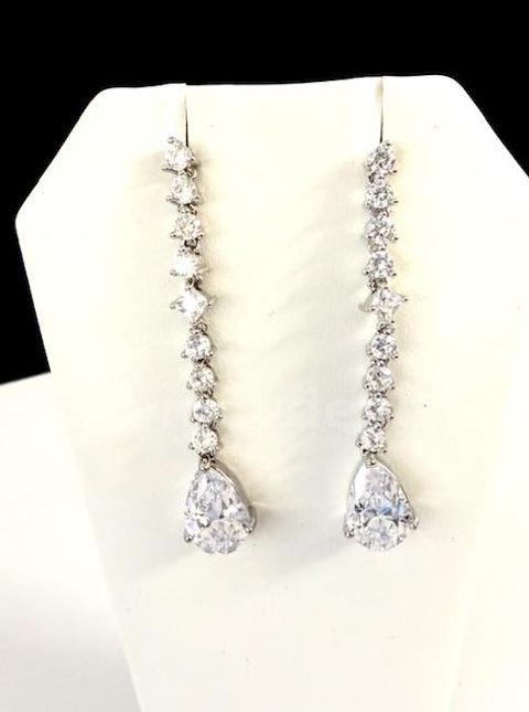 Gorgeous, Rhodium Clad, CZ Solitaire Pear-Shaped Hanging Earrings W/Brilliant Accents