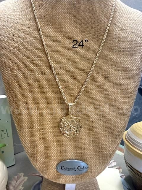 4MM, 24 Inch Rope Chain Necklace, W/Fire Rescue Pendant, Real 24k Gold Filled