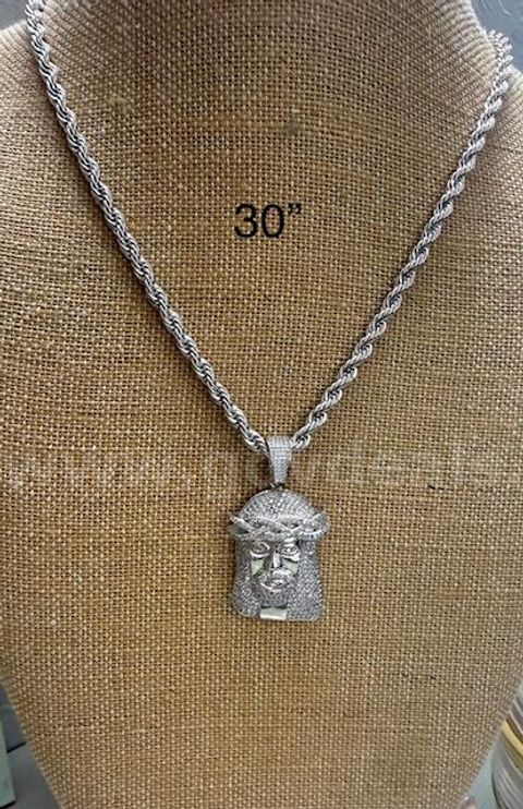 Stunning, Rhodium Clad, CZ Jesus Bling Pendant W/5MM, 30 Inch Rope Chain