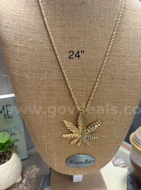 4MM, 24 Inch, Rope Necklace W/Marijuana Leaf Pendant, Real 24k Gold Plated