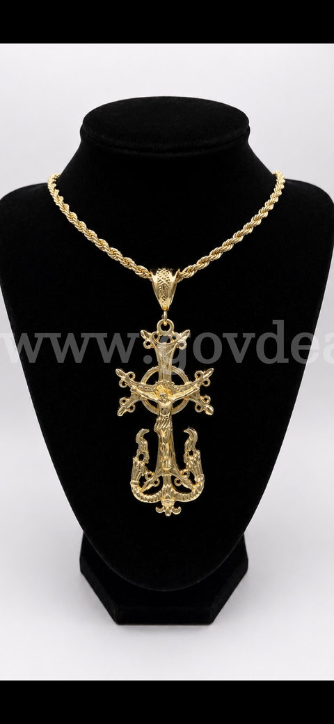 Huge! 5mm, 22Inch, Rope Chain Necklace W/3D Cross. 24k Real Gold Plated.