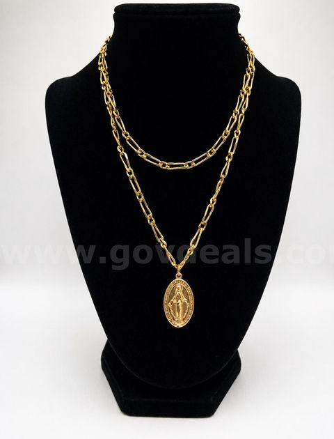 30” Paper Clip Style Necklace W/Religious Pendant, 24k Real Gold Filled.