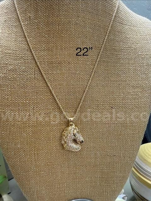 Beautiful, 22 Inch, 1MM, Rope Chain Necklace W/CZ Horse Pendant, Real 24k Gold Plated