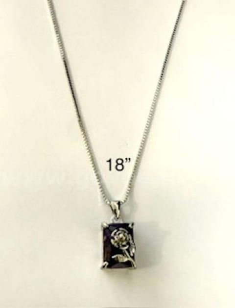 Beautiful, Rhodium Clad (Silver), Ladies, CZ Amethyst Rose Pendant W/18" Necklace