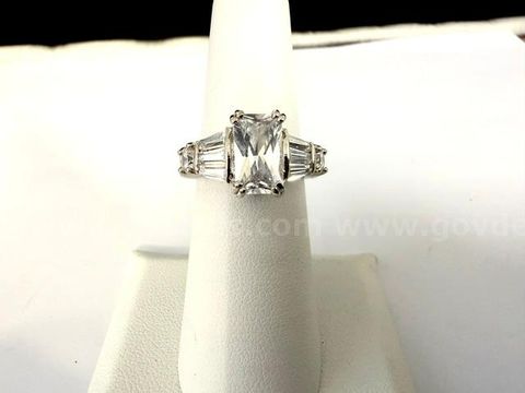 Gorgeous, Rhodium Clad (Silver), Size 6, Rectangle CZ, Solitaire Bridal Ring W/Accents