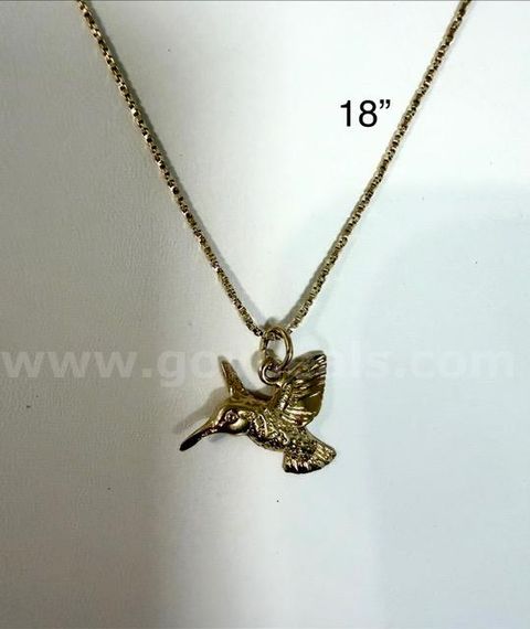 Beautiful, 18 Inch, Diamond Cut Box Chain Necklace, W/Hummingbird Pendant, Real 24k Gold Plated