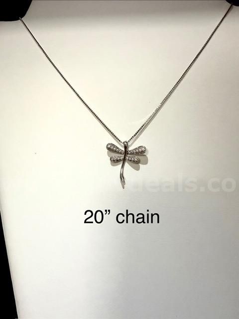 Ladies, Rhodium Clad (Silver), 20 Inch Box Chain Necklace, W/CZ Dragonfly Pendant