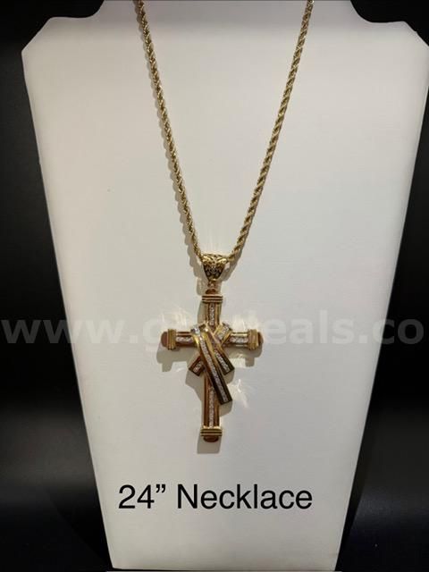 Gorgeous, 4MM, 24", Diamond Cut Rope Chain W/ Large CZ Bling Bling Cross, Real 24k Gold Filled